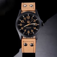 Leather strap casual style black case quartz movement waterproof stainless steel case back watches for men