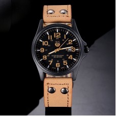 Leather strap casual style black case quartz movement waterproof stainless steel case back watches for men